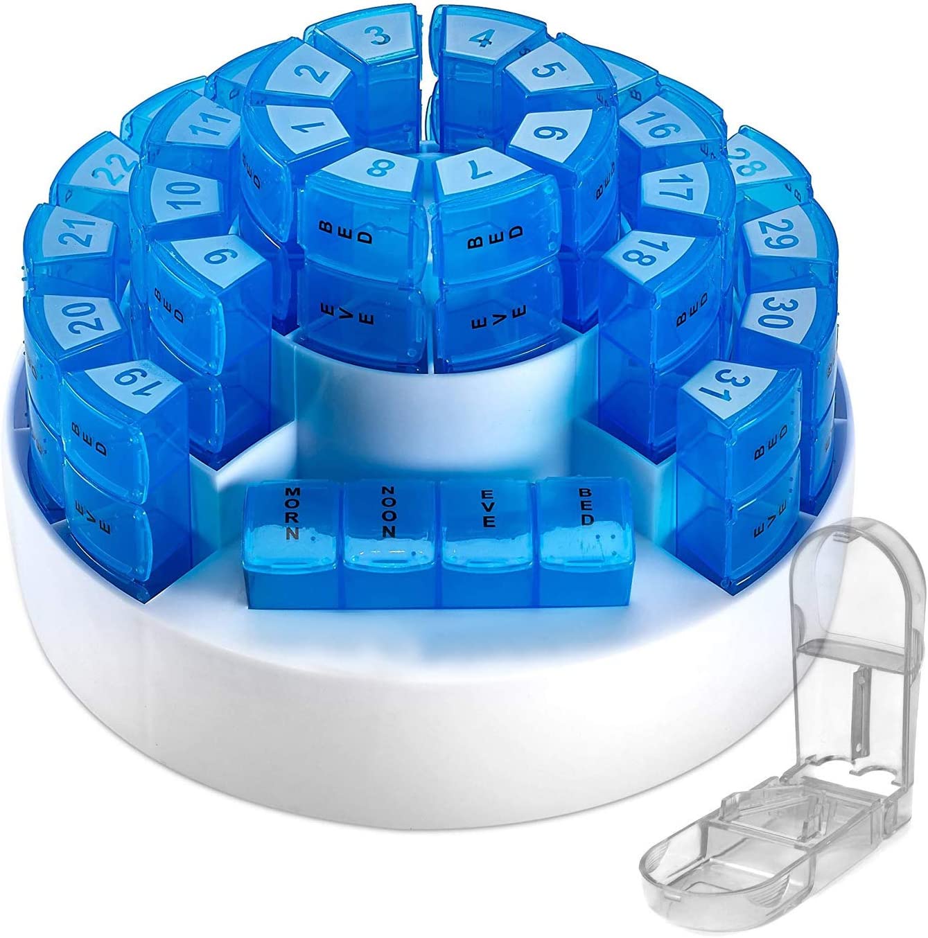 Pill box dispenser organizer, extra large hard case container. 31 daily medicine compartments. Full month holder. Weekly dosis pillbox (7). 4 Times of the day boxes. Monthly travel purse cases BS0344J
